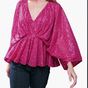 FLYING TOMATO Fuchsia Sequin Embellished Batwing Sleeve Peplum Top L NWT